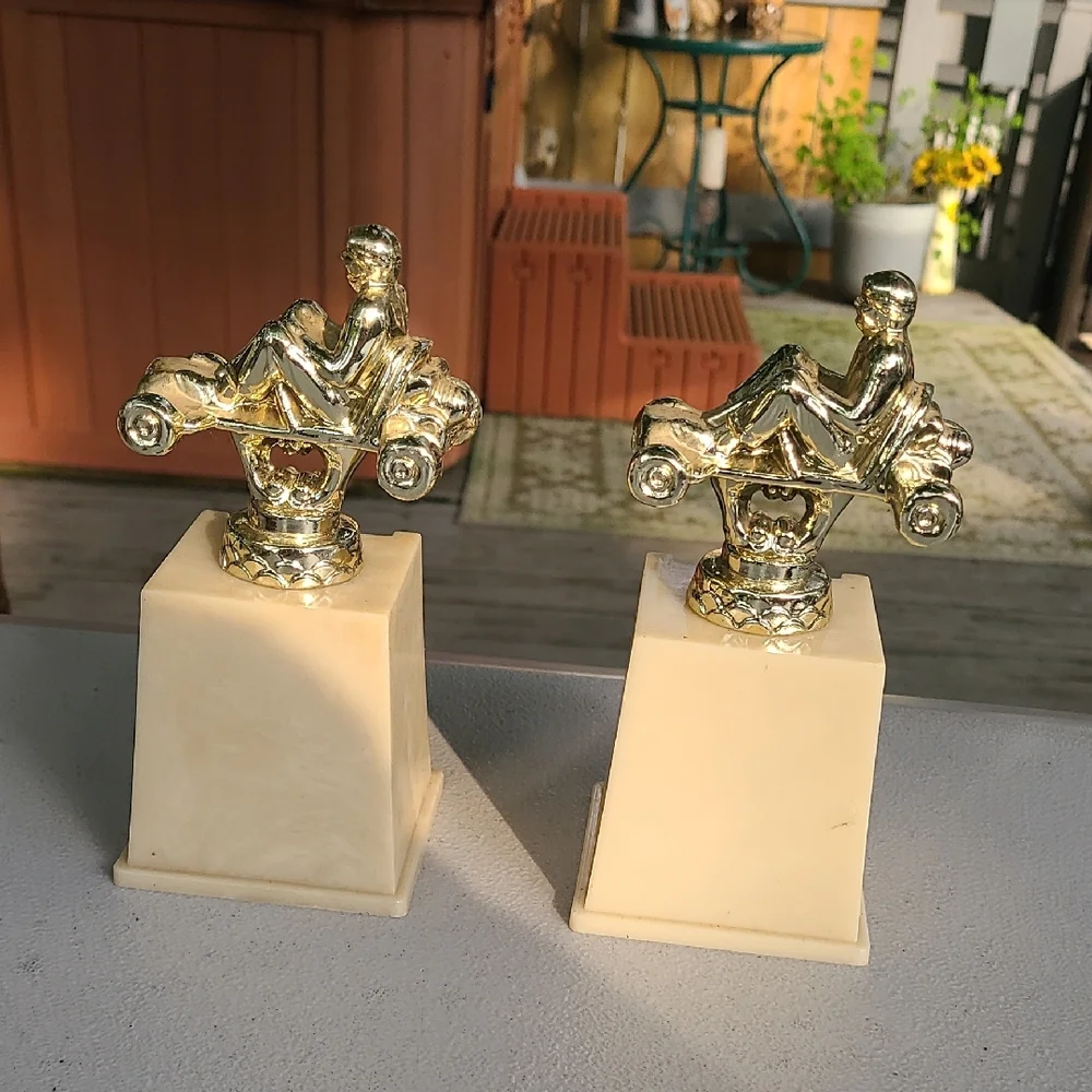 Vintage Gold Cream Go Kart Trophies Two Awards Blank‎ Front Plates